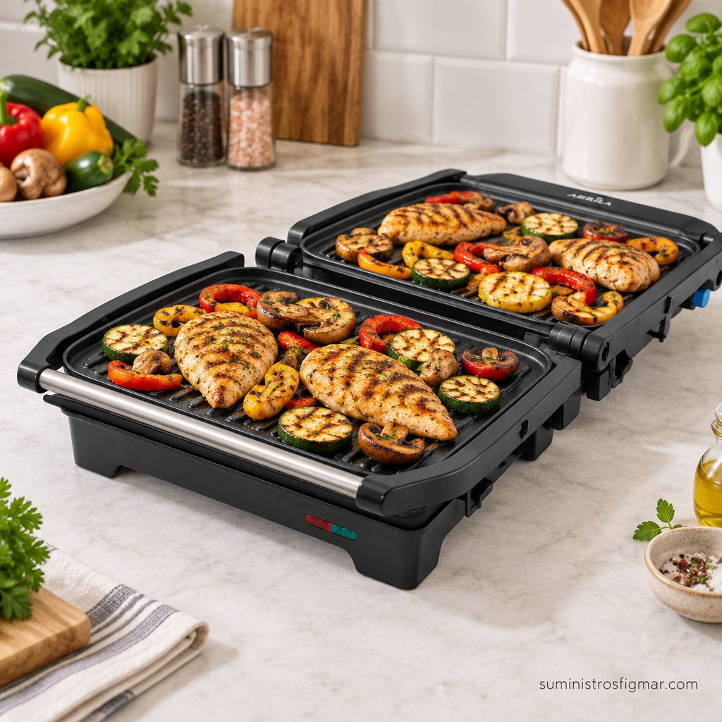 Grill Rabión de 1200 W abierto con pollo, pimientos, calabacín y champiñones, imagen de Suministros Figmar