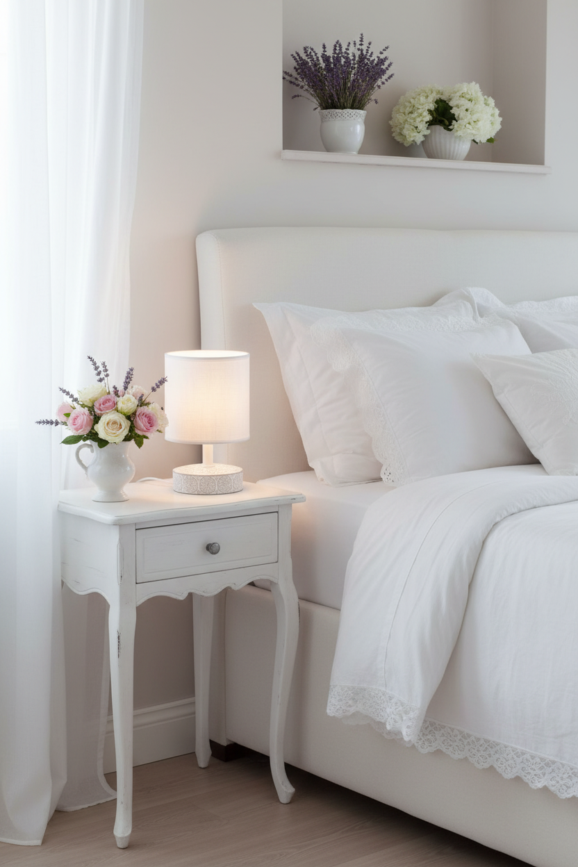 Lámpara sobremesa cerámica blanca relieve floral E14 Marie Trio Lighting en dormitorio romántico provenzal