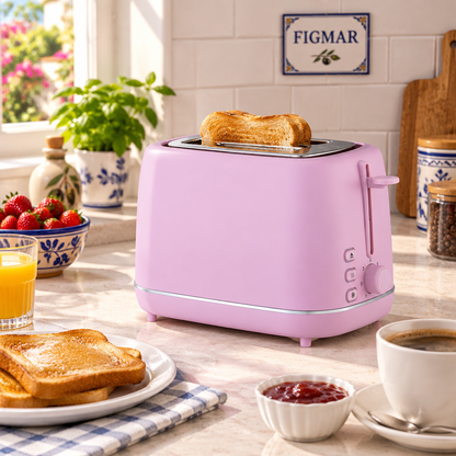 Escena ilustrativa de tostador rosa de dos ranuras en cocina con FIGMAR al fondo
