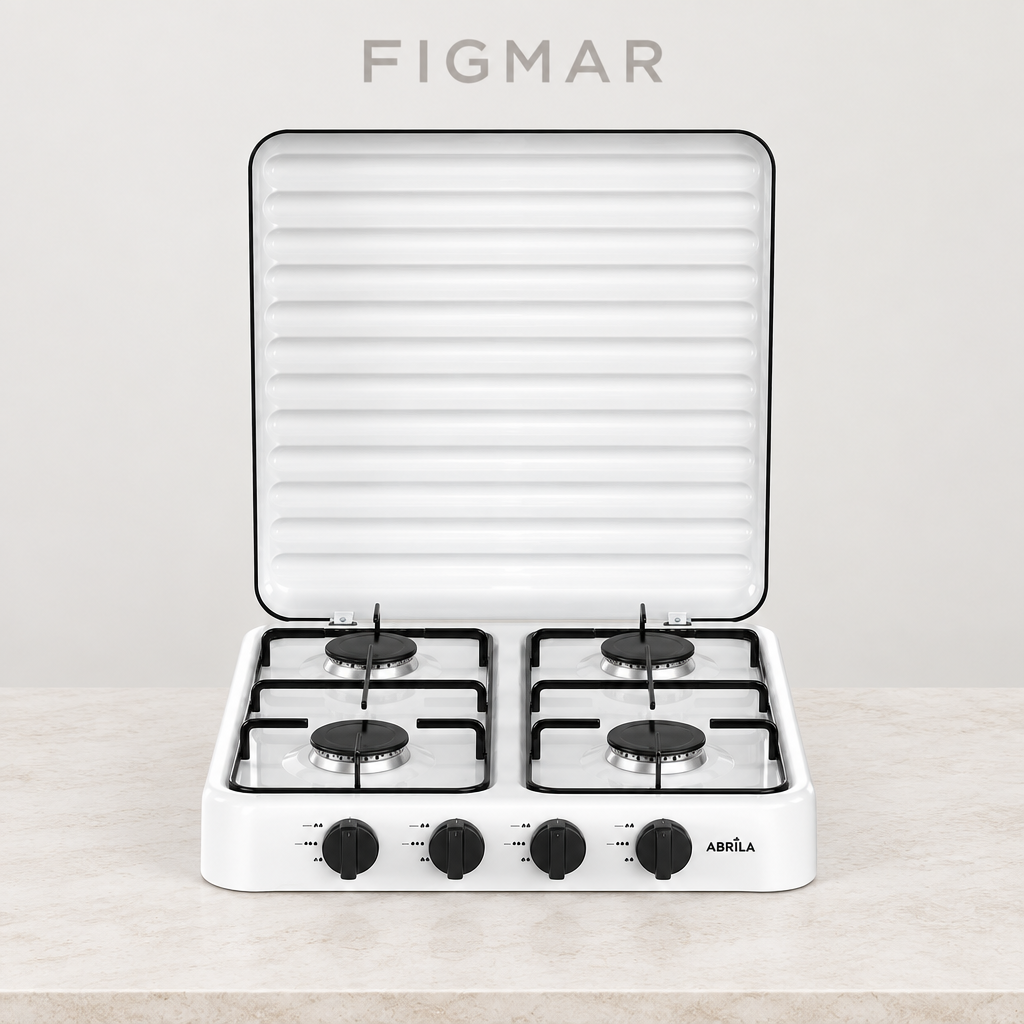 Cocina Foster blanca de cuatro quemadores con fondo Figmar