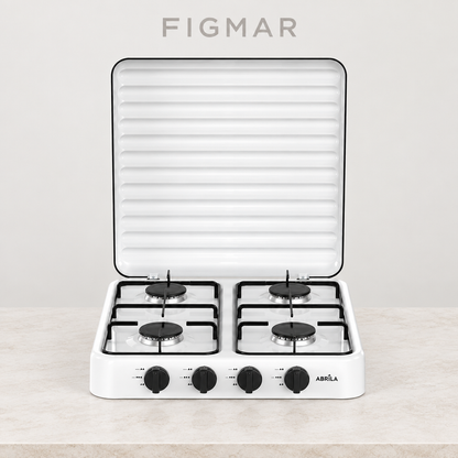 Cocina Foster blanca de cuatro quemadores con fondo Figmar