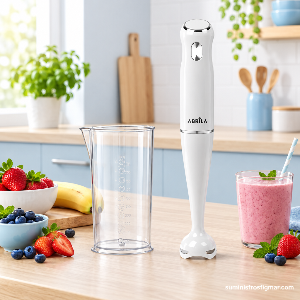 Batidora de mano Tigris blanca de 1000 W junto a su vaso mezclador en una cocina moderna, imagen de Suministros Figmar