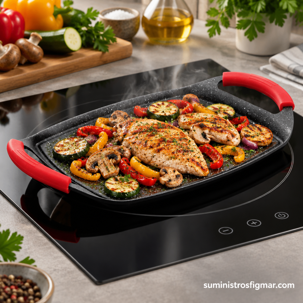 Plancha grill Lacor Eco-Piedra con pollo, pimientos y verduras sobre la placa, Suministros Figmar