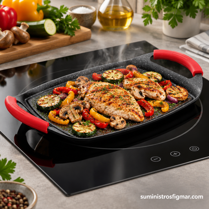 Plancha grill Lacor Eco-Piedra con pollo, pimientos y verduras sobre la placa, Suministros Figmar