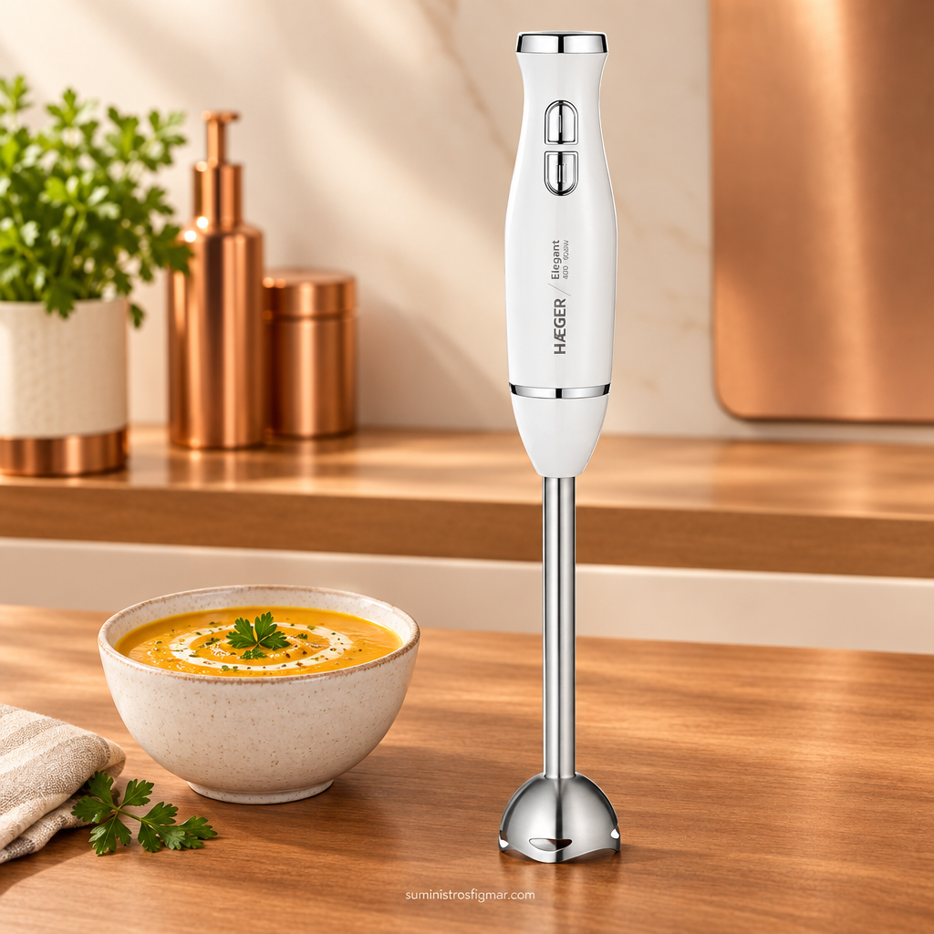 Batidora de mano HAEGER Elegant 400 W junto a un bol, imagen de Suministros Figmar