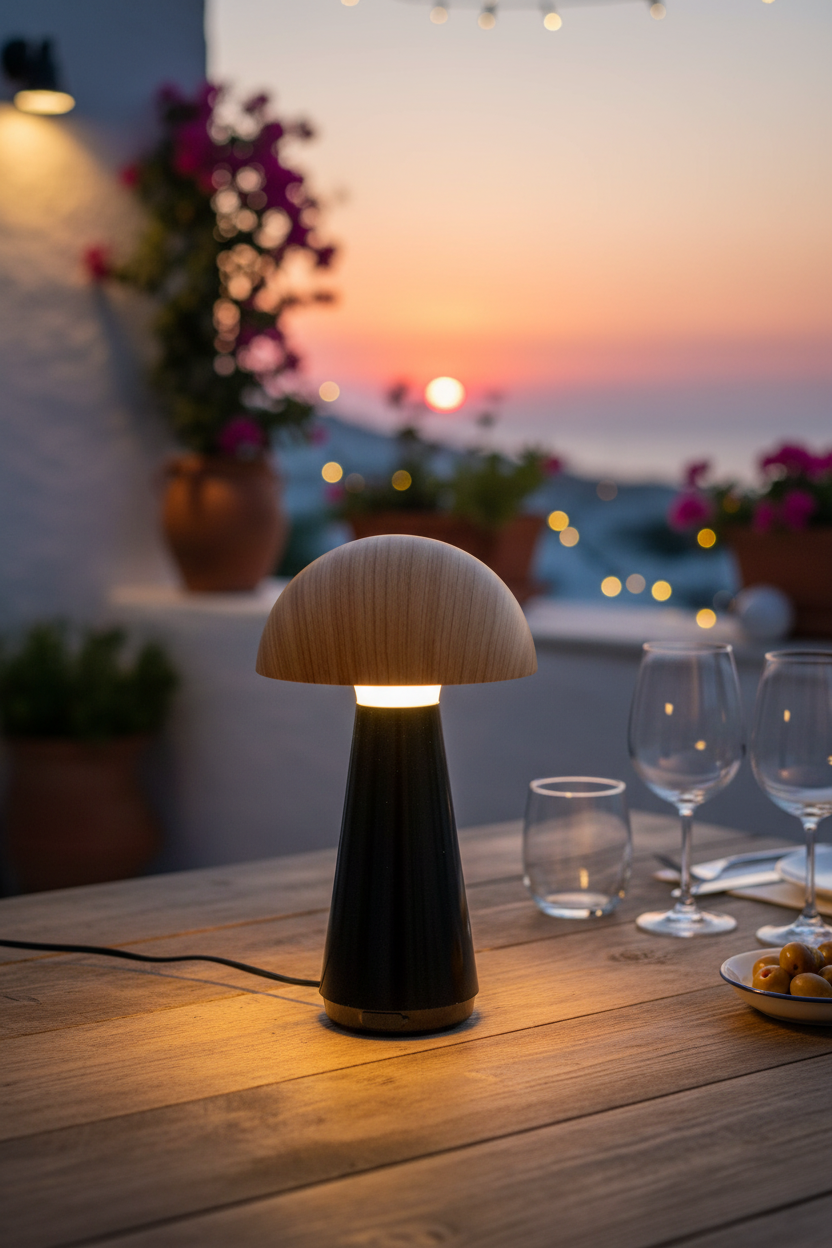 Lámpara sobremesa exterior LED negro haya Nepal Jueric encendida en terraza al atardecer