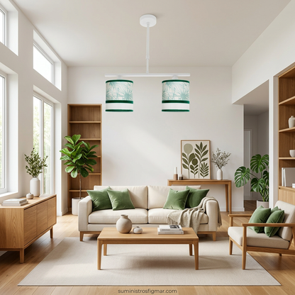Recreación de lámpara de techo Caledonia de dos luces E14 en salón con sofá claro