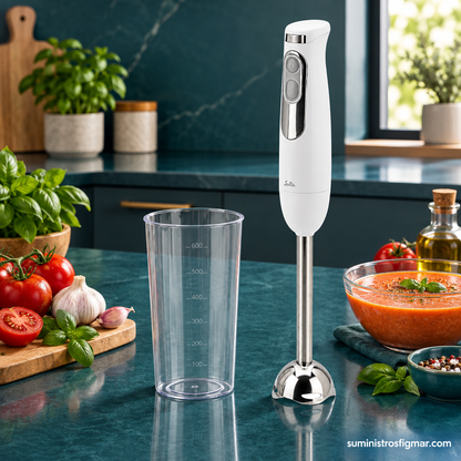 Batidora de mano JATA 700 W con vaso medidor en una cocina moderna, imagen de Suministros Figmar