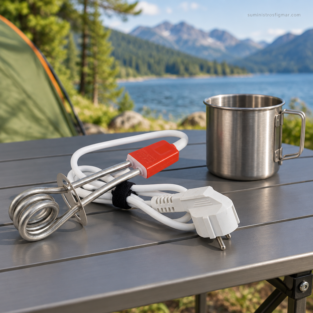 Calentador de agua directo para vaso de 350 W junto a un vaso de camping, con suministrosfigmar.com discreto en el fondo