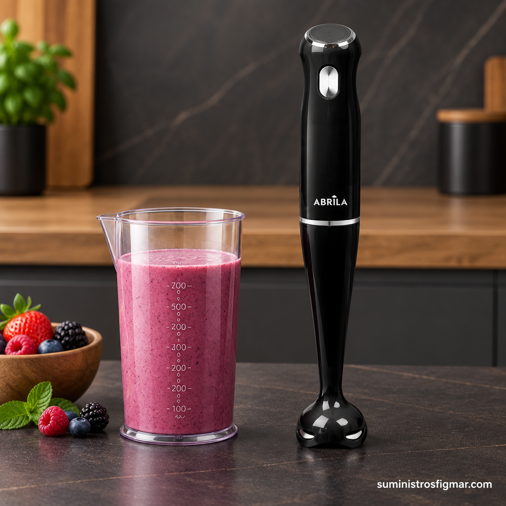 Batidora de mano Tigris negra de 1000 W junto a su vaso mezclador, destacando el asa ergonómica, imagen de Suministros Figmar