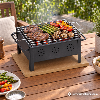 Barbacoa de carbón Sauvic 2906 al aire libre con carne, espárragos y pimientos, Suministros Figmar