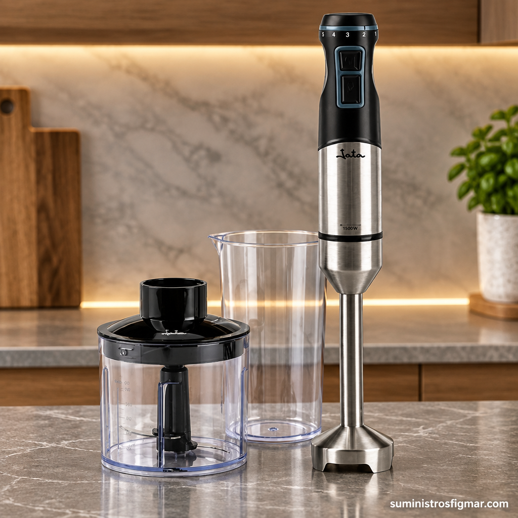 Detalle de batidora de mano JATA inoxidable de 1500 W y sus accesorios, imagen de Suministros Figmar