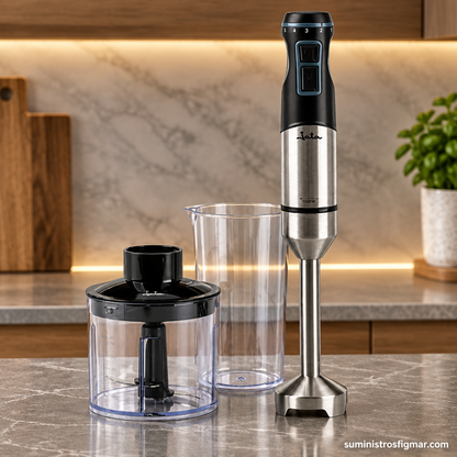 Detalle de batidora de mano JATA inoxidable de 1500 W y sus accesorios, imagen de Suministros Figmar