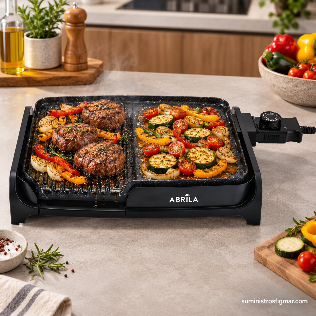 Plancha Takao de 1600 W cocinando medallones de carne, pimientos, cebolla, calabacín y tomates, imagen de Suministros Figmar