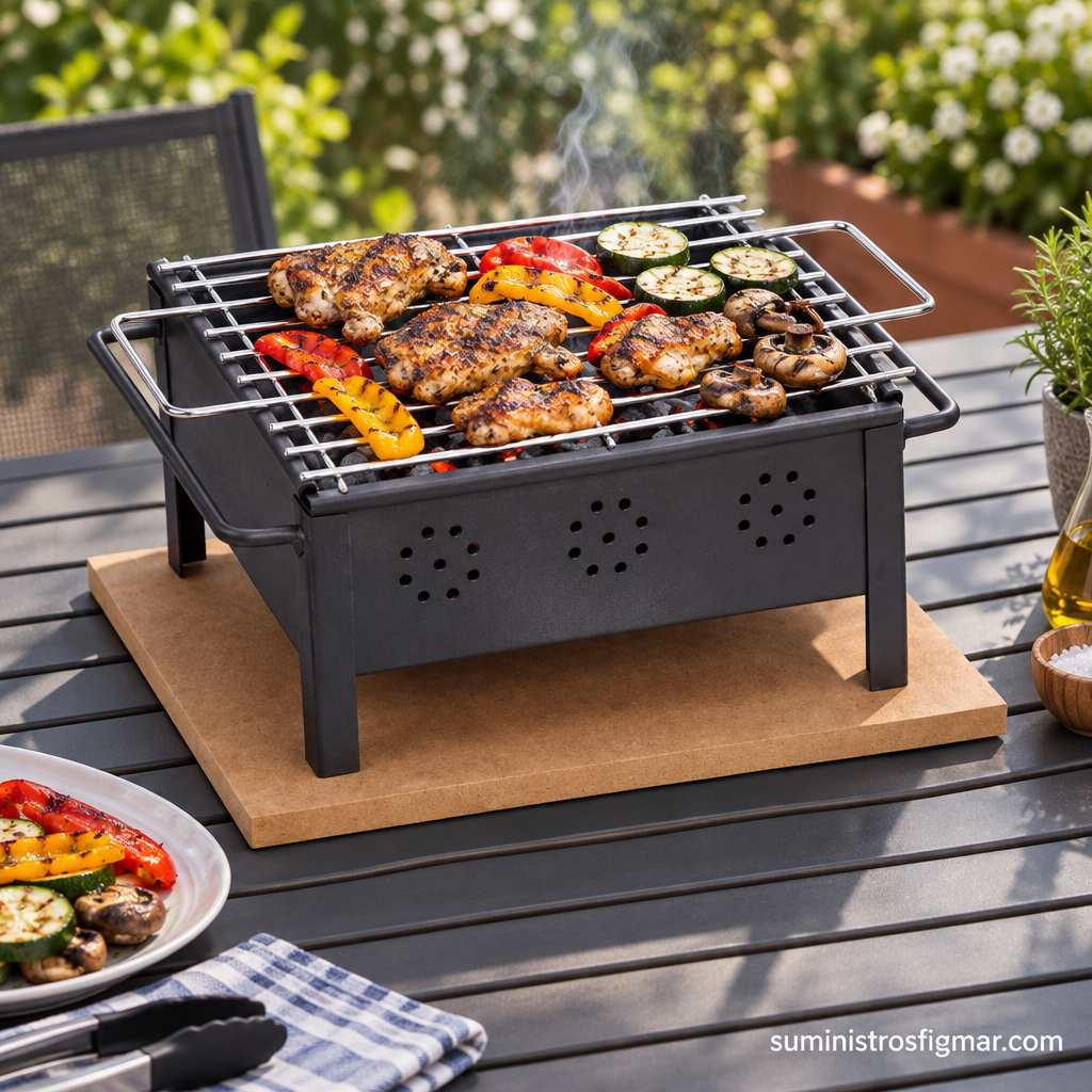 Barbacoa de carbón Sauvic 2905 en exterior con pollo y verduras a la parrilla, Suministros Figmar