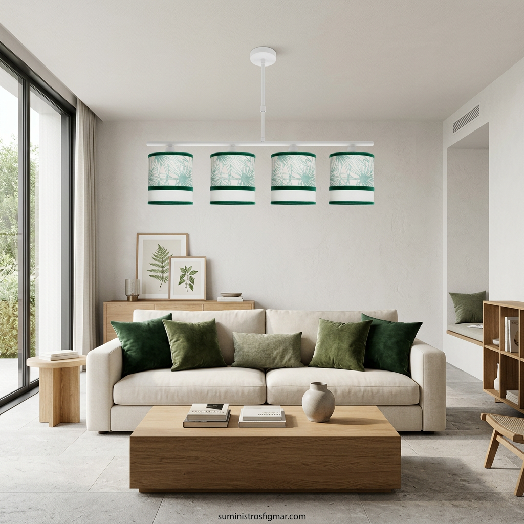 Recreación de lámpara Caledonia blanca y verde de cuatro luces en un salón de tonos naturales