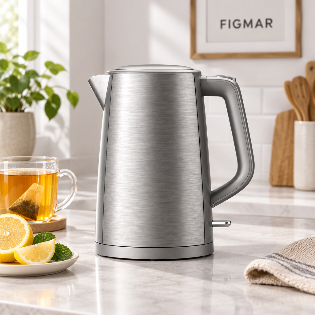 Escena ilustrativa de hervidor gris/plata en cocina con FIGMAR al fondo