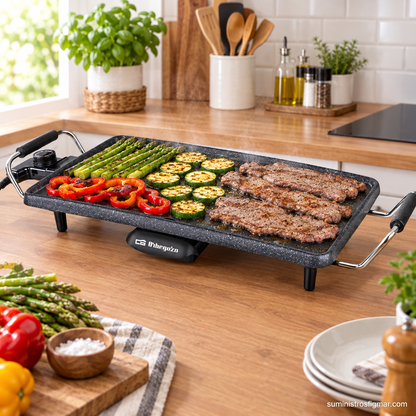 Plancha Orbegozo TBC3000 de 2000 W con carne, espárragos y pimientos, imagen de Suministros Figmar