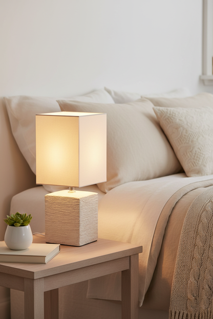 Lámpara sobremesa cerámica beige Ping Trio Lighting en ambiente acogedor escandinavo
