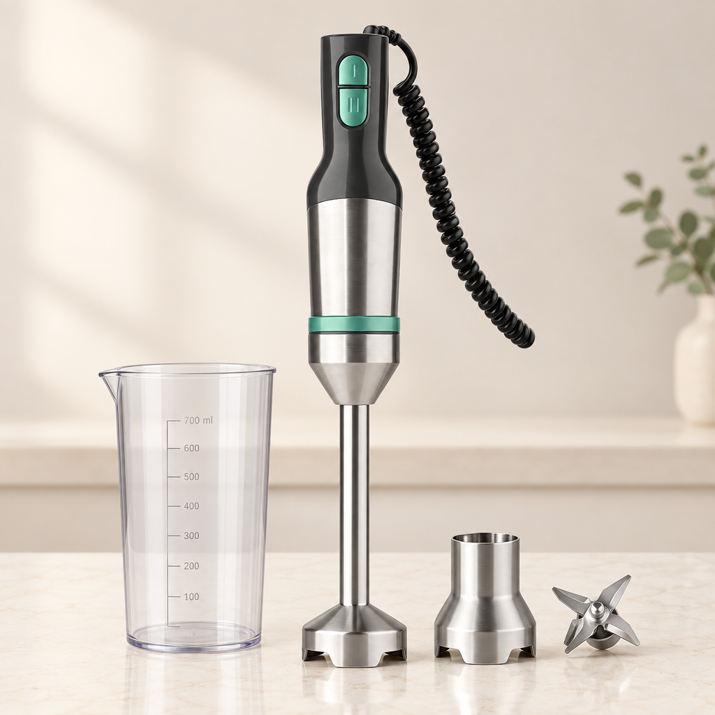 Batidora de mano JATA inox de 1000 W con vaso medidor sobre una encimera clara y limpia