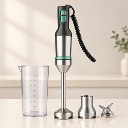 Batidora de mano JATA inox de 1000 W con vaso medidor sobre una encimera clara y limpia