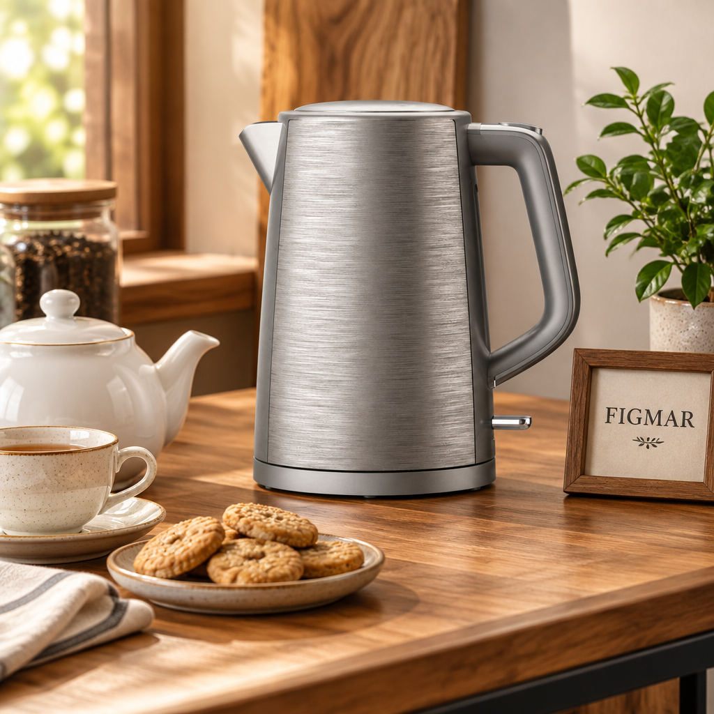 Escena ilustrativa de hervidor gris/plata en rincón de té con FIGMAR al fondo