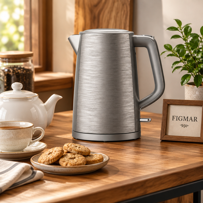 Escena ilustrativa de hervidor gris/plata en rincón de té con FIGMAR al fondo