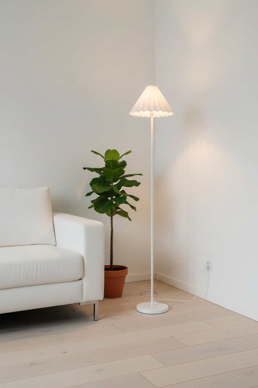 Lámpara de pie papel maché plisada blanca E27 Eco Pulp Decor Ledvance en salón escandinavo minimalista