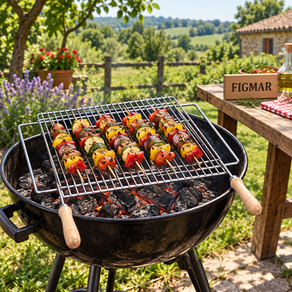 Escena ilustrativa de parrilla extensible inoxidable Sauvic 2815 en jardín rural con cartel Figmar