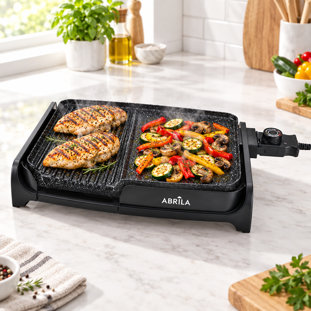 Plancha Takao negra de 1600 W cocinando pollo a la parrilla, pimientos, calabacín y champiñones, imagen de Suministros Figmar