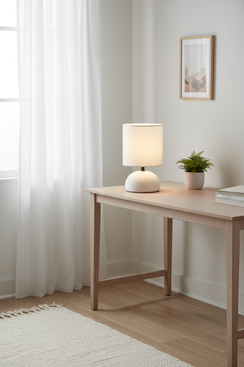 Lámpara sobremesa cerámica blanca E14 Luci Trio Lighting encendida en escritorio nórdico minimalista