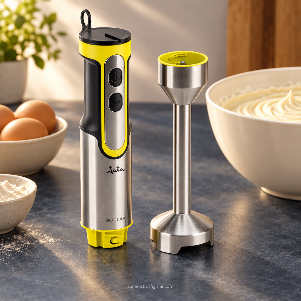 Batidora de mano JATA amarilla de 1200 W junto a un bol de repostería, imagen de Suministros Figmar