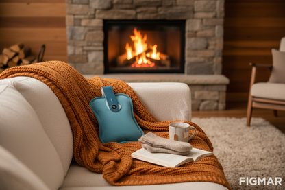 Bolsa eléctrica Penélope Azul en salón con chimenea – Suministros Figmar