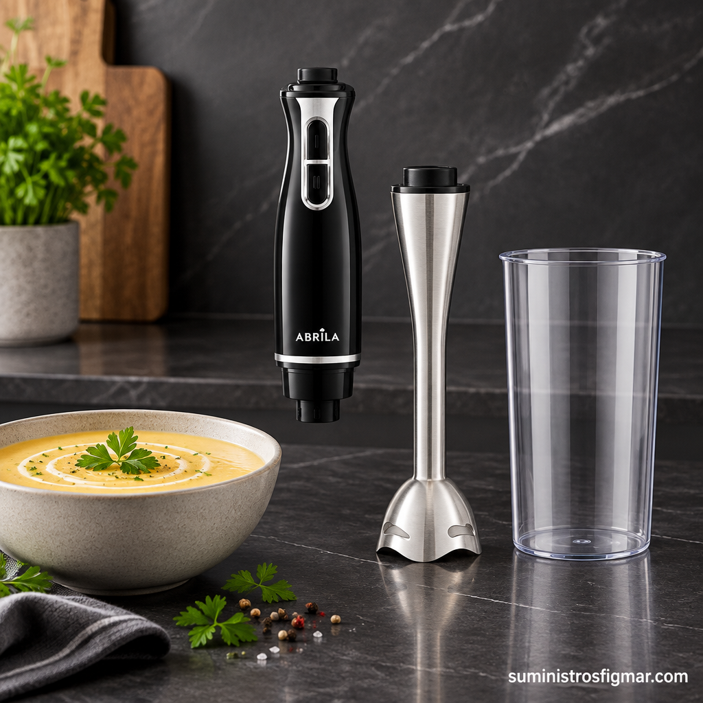 Batidora de mano Nyasa de 650 W junto a su brazo desmontable de acero inoxidable y vaso mezclador, imagen de Suministros Figmar