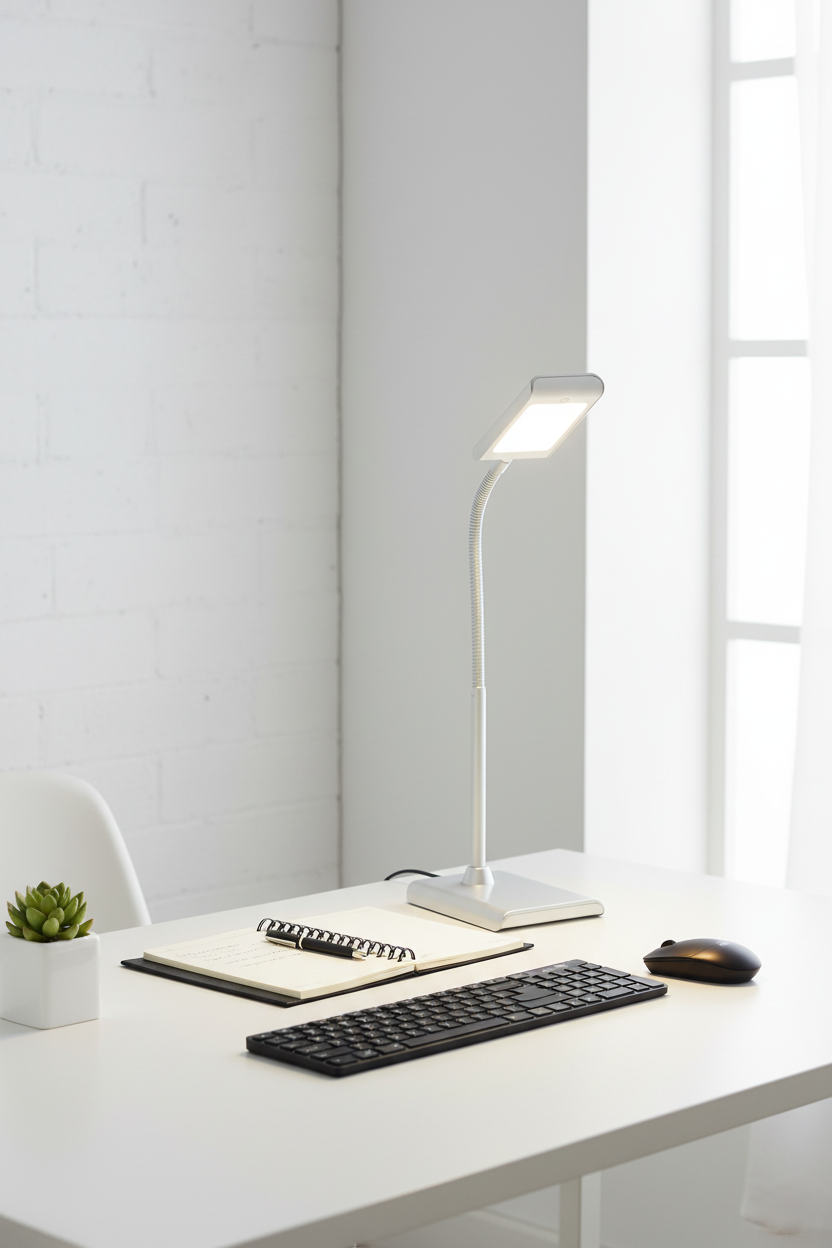 Flexo LED gris escritorio 6W brazo flexible Susua GSC encendido en oficina minimalista moderna