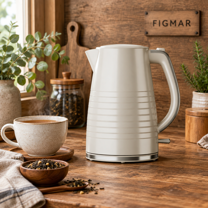 Escena ilustrativa de hervidor beige en rincón de té con FIGMAR al fondo