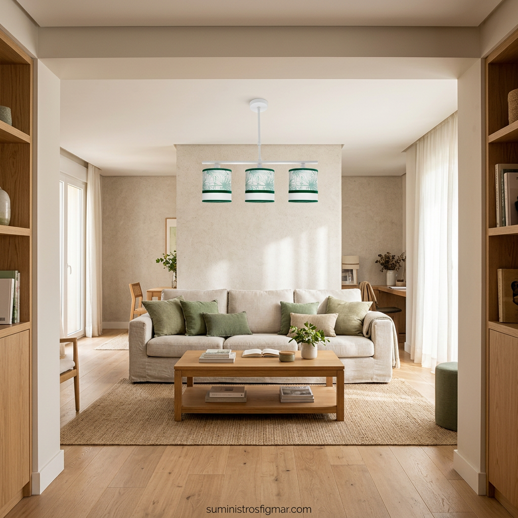 Recreación de lámpara Caledonia de 55 cm y tres luces en un salón de tonos naturales
