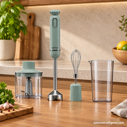 Batidora de mano Kent verde de 600 W junto al vaso mezclador, picadora y batidor de varillas, imagen de Suministros Figmar