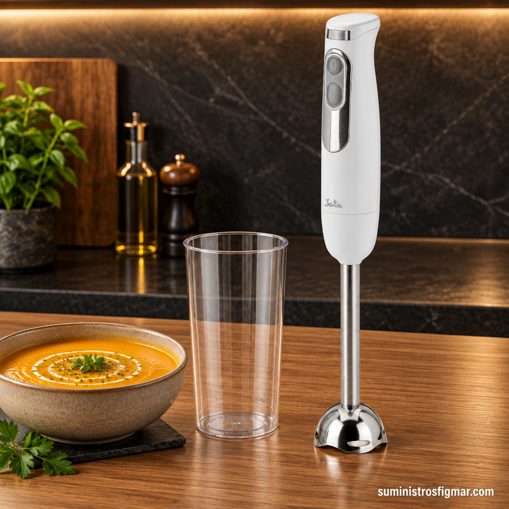 Batidora de mano JATA 700 W junto a un vaso medidor de 600 ml, imagen de Suministros Figmar