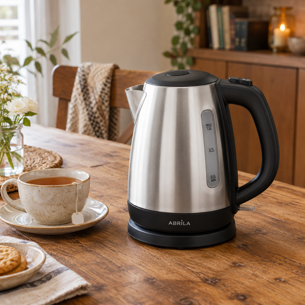 Hervidor eléctrico Flox 1 L negro/plata sobre mesa de madera rústica junto a una taza de té