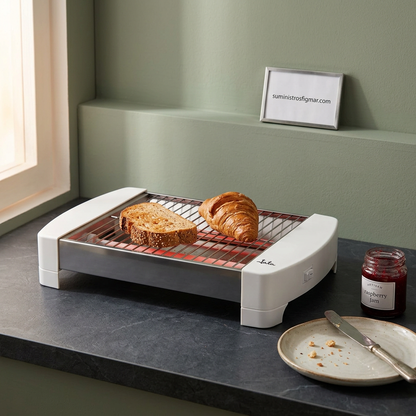 Tostador horizontal Jata TT587 en cocina verde con desayuno, escena ilustrativa.