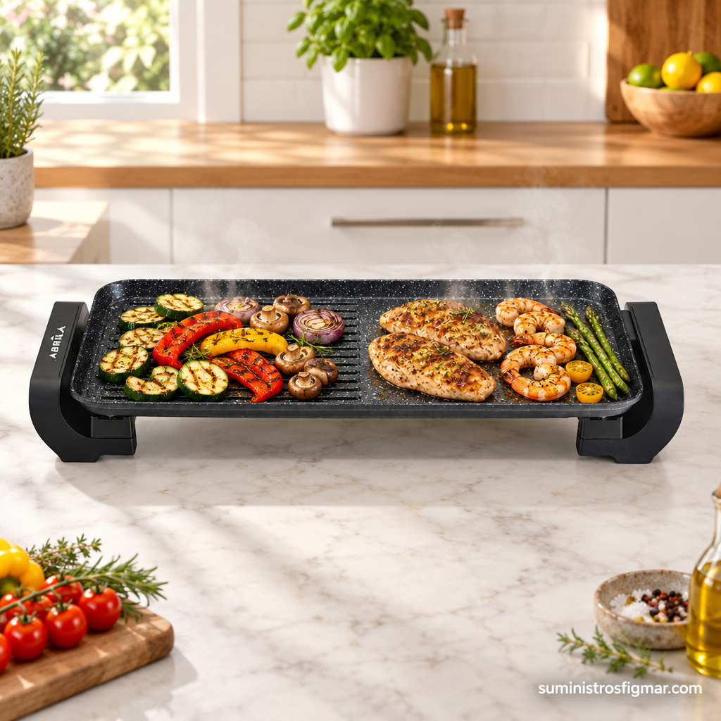 Plancha eléctrica Tokachi de 1800 W cocinando alimentos en sus zonas lisa y de grill, imagen de Suministros Figmar