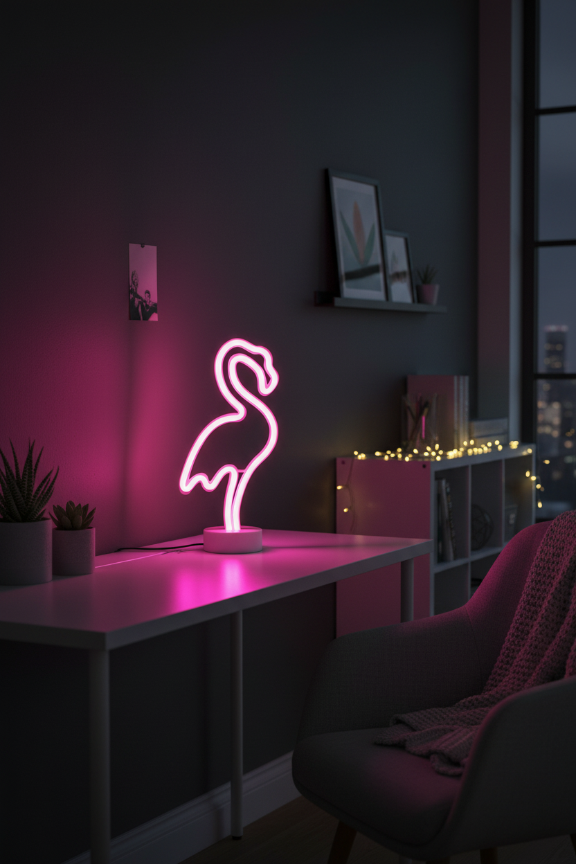 Lámpara neón flamenco rosa LED USB Trio Lighting encendida en habitación moderna