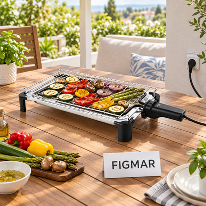 Escena ilustrativa de parrilla eléctrica Haeger Grillie en terraza protegida con cartel Figmar