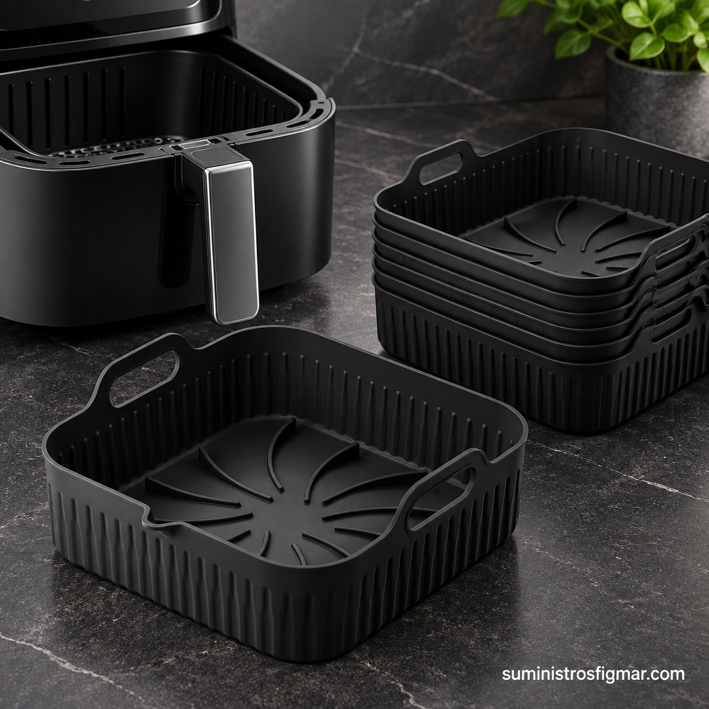 Detalle de la bandeja de silicona Manacor de 7,5 por 26 por 24 cm y su pack de 6 unidades, imagen de Suministros Figmar