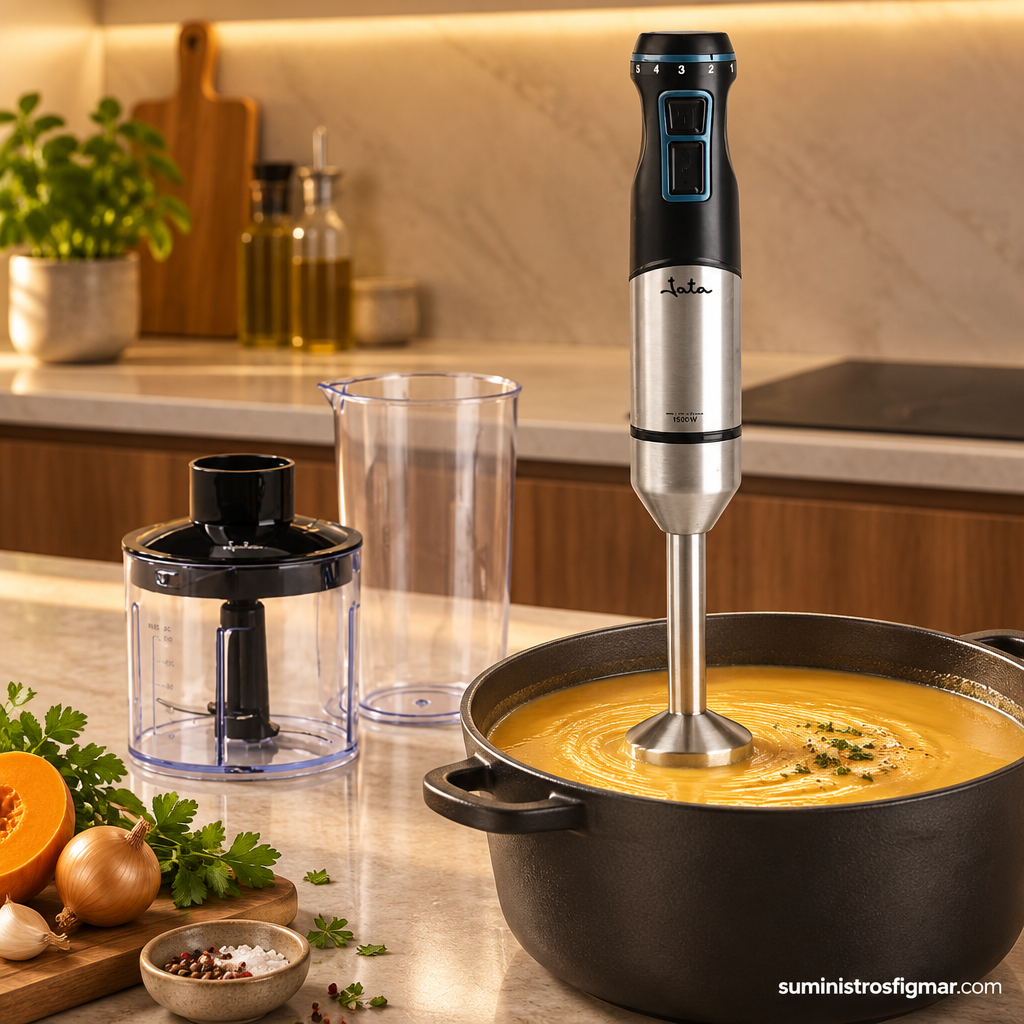 Batidora de mano JATA inoxidable de 1500 W con accesorios en una cocina moderna, imagen de Suministros Figmar