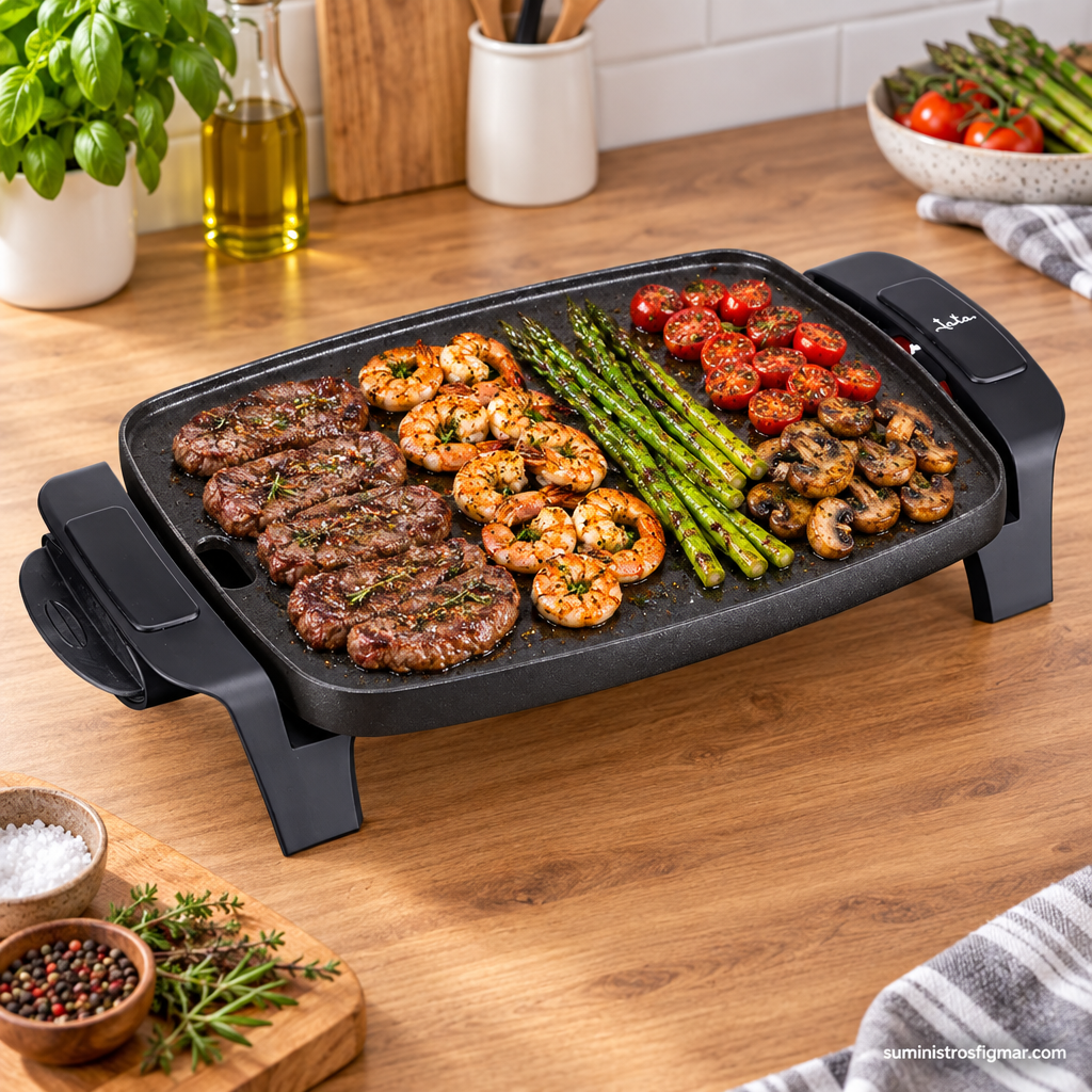 Plancha de asar Jata GR205 de 1000 W con carne, gambas, espárragos y champiñones, imagen de Suministros Figmar