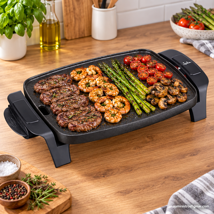 Plancha de asar Jata GR205 de 1000 W con carne, gambas, espárragos y champiñones, imagen de Suministros Figmar