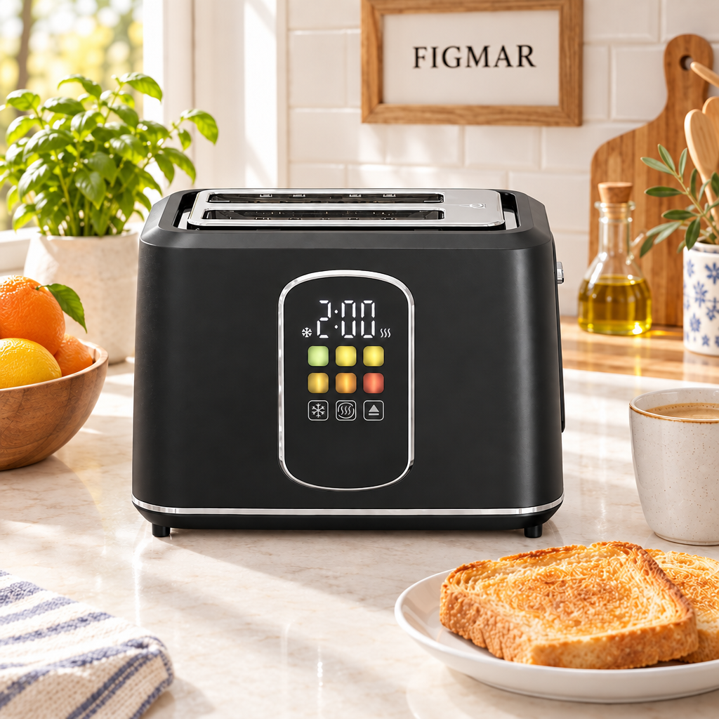 Escena ilustrativa de tostador negro de dos ranuras en cocina con FIGMAR al fondo