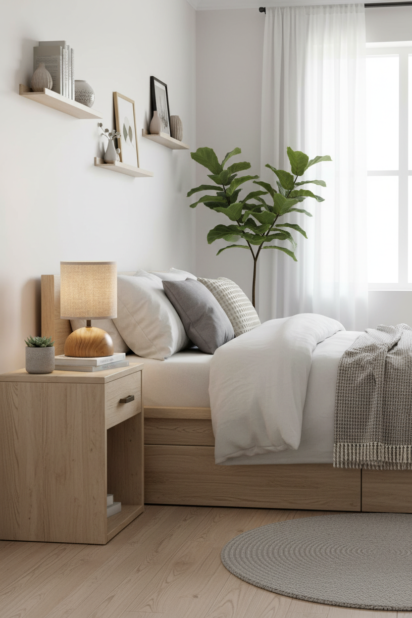 Lámpara sobremesa base madera lino beige E14 Luci Trio Lighting en dormitorio nórdico